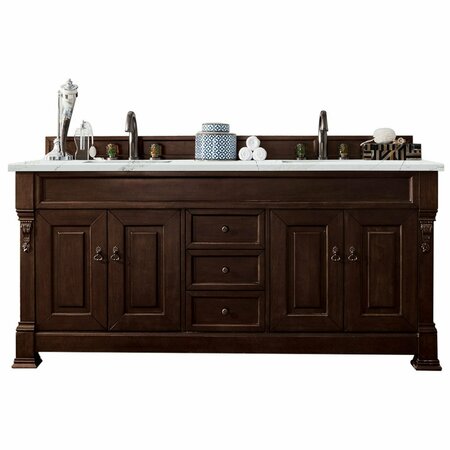 JAMES MARTIN VANITIES Brookfield 72in Double Vanity, Burnished Mahogany w/ 3 CM Ethereal Noctis Quartz Top 147-114-5761-3ENC